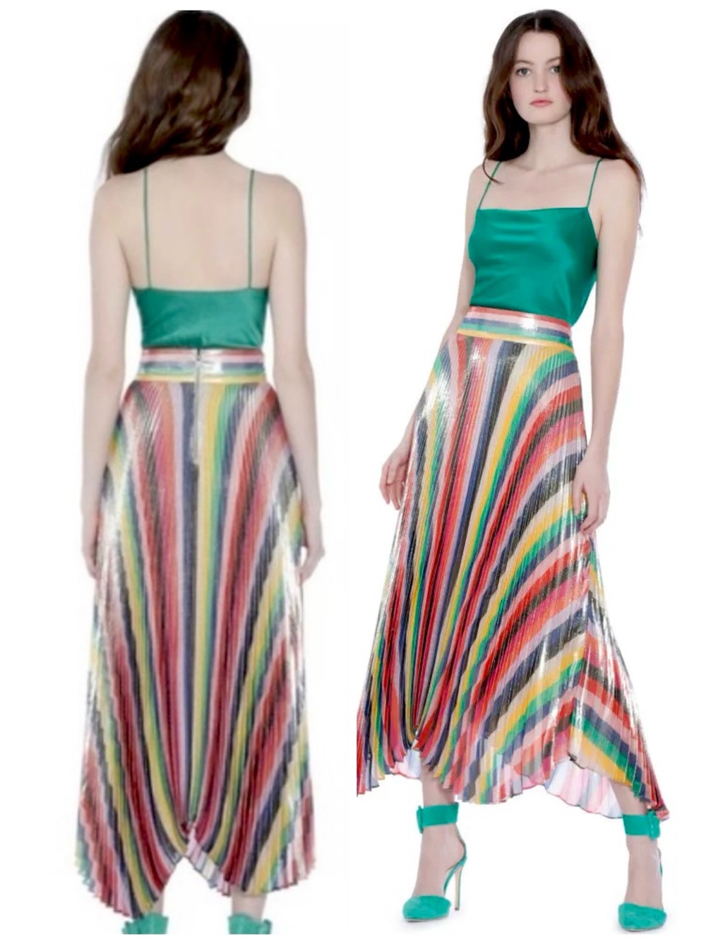 Alice + Olivia Katz Sunburst Pleated Metallic Stripe Midi Skirt - Picture 6 of 16